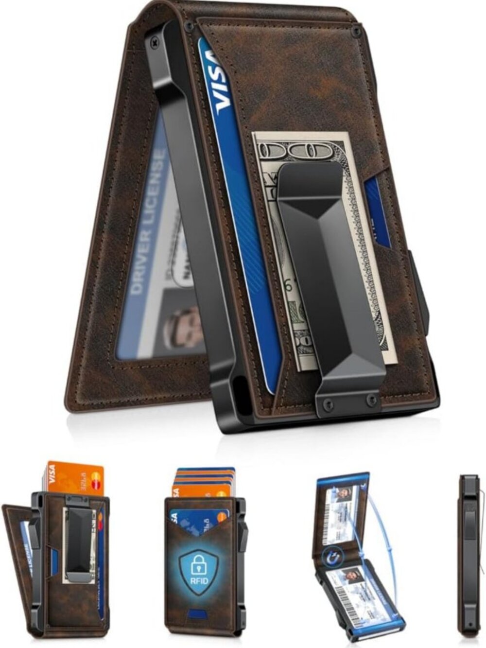 Slim RFID Wallet for Men, 2 ID Windows, Money Clip, Stylish Card Holder